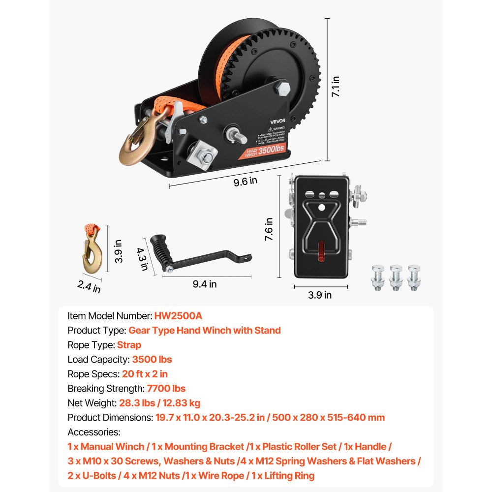 VEVOR Boat Trailer Winch Stand with Roller, 3500 lbs, 20ft Orange Polyester Strap, Boat Winch Mount, for 2-3 Inches W x 3-4 Inches H Trailer Tongue, Fit for Jet Ski, Sailboat, Speedboat