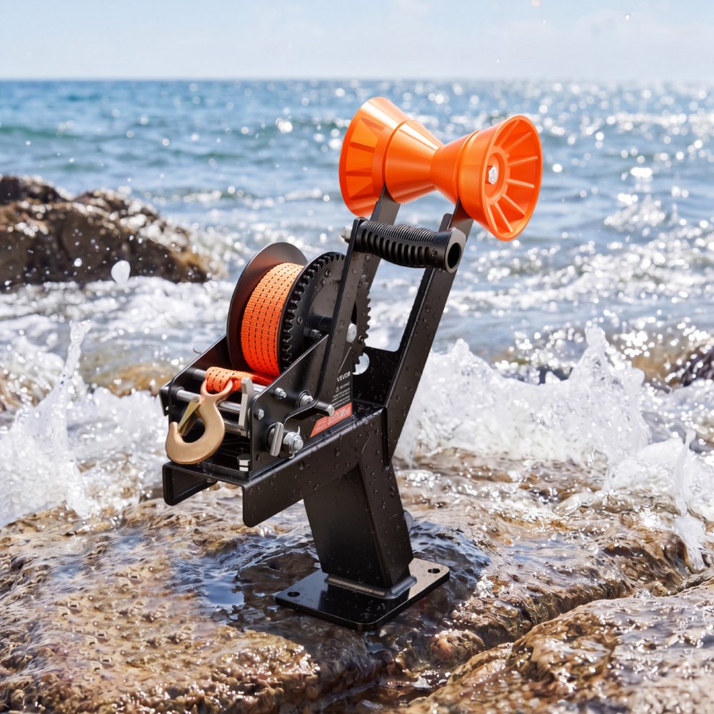 VEVOR Boat Trailer Winch Stand with Roller, 3500 lbs, 20ft Orange Polyester Strap, Boat Winch Mount, for 2-3 Inches W x 3-4 Inches H Trailer Tongue, Fit for Jet Ski, Sailboat, Speedboat