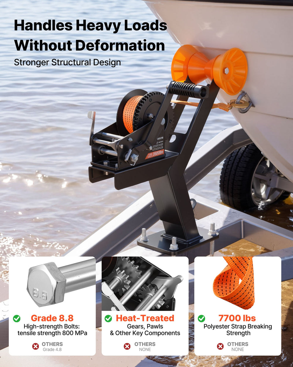 VEVOR Boat Trailer Winch Stand with Roller, 3500 lbs, 20ft Orange Polyester Strap, Boat Winch Mount, for 2-3 Inches W x 3-4 Inches H Trailer Tongue, Fit for Jet Ski, Sailboat, Speedboat