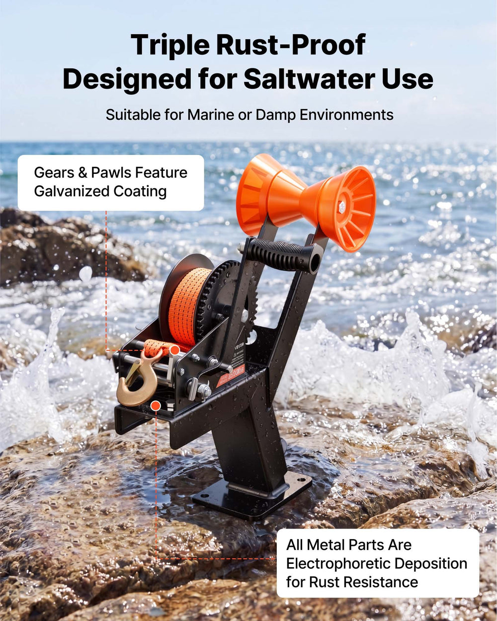 VEVOR Boat Trailer Winch Stand with Roller, 3500 lbs, 20ft Orange Polyester Strap, Boat Winch Mount, for 2-3 Inches W x 3-4 Inches H Trailer Tongue, Fit for Jet Ski, Sailboat, Speedboat