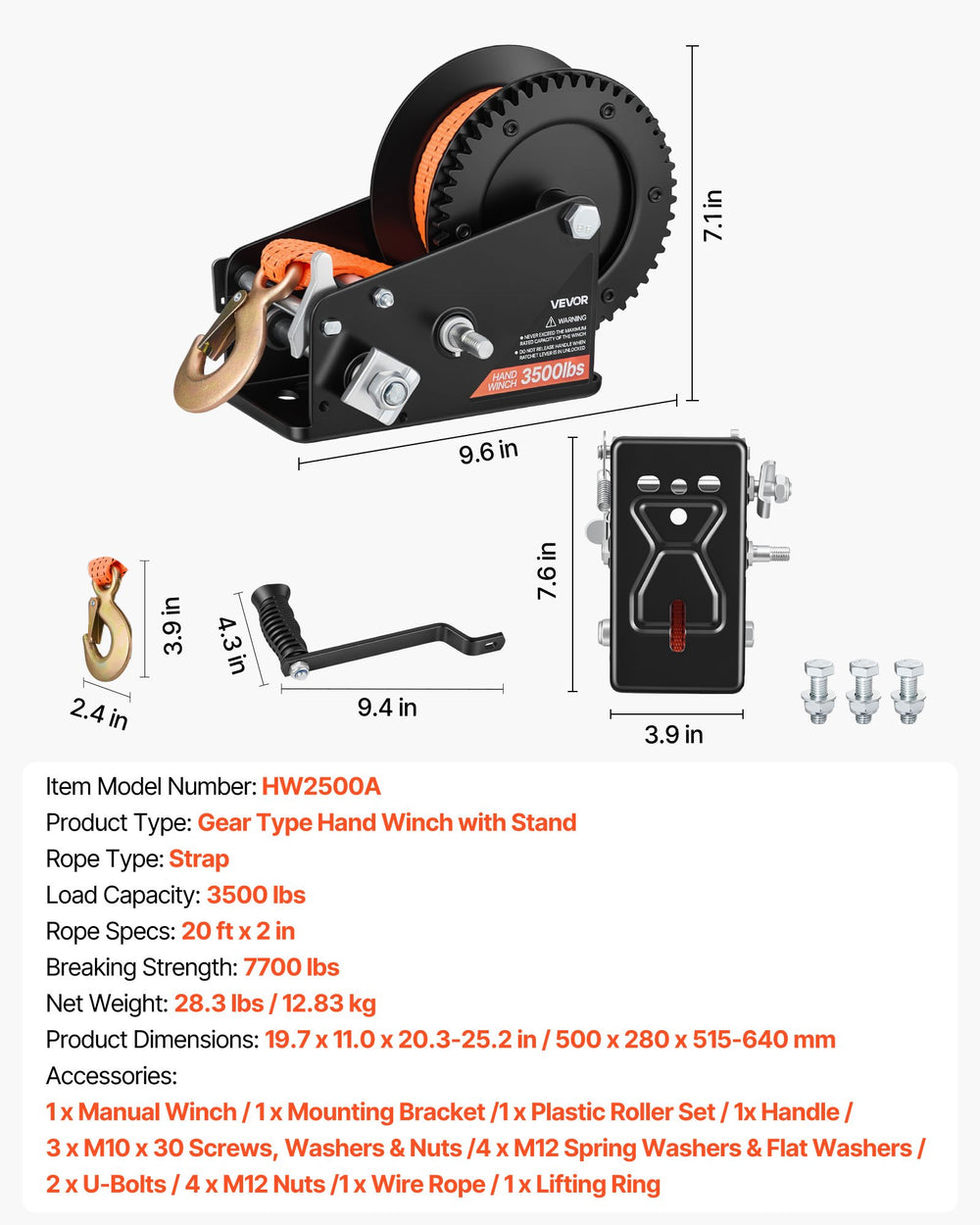 VEVOR Boat Trailer Winch Stand with Roller, 3500 lbs, 20ft Orange Polyester Strap, Boat Winch Mount, for 2-3 Inches W x 3-4 Inches H Trailer Tongue, Fit for Jet Ski, Sailboat, Speedboat