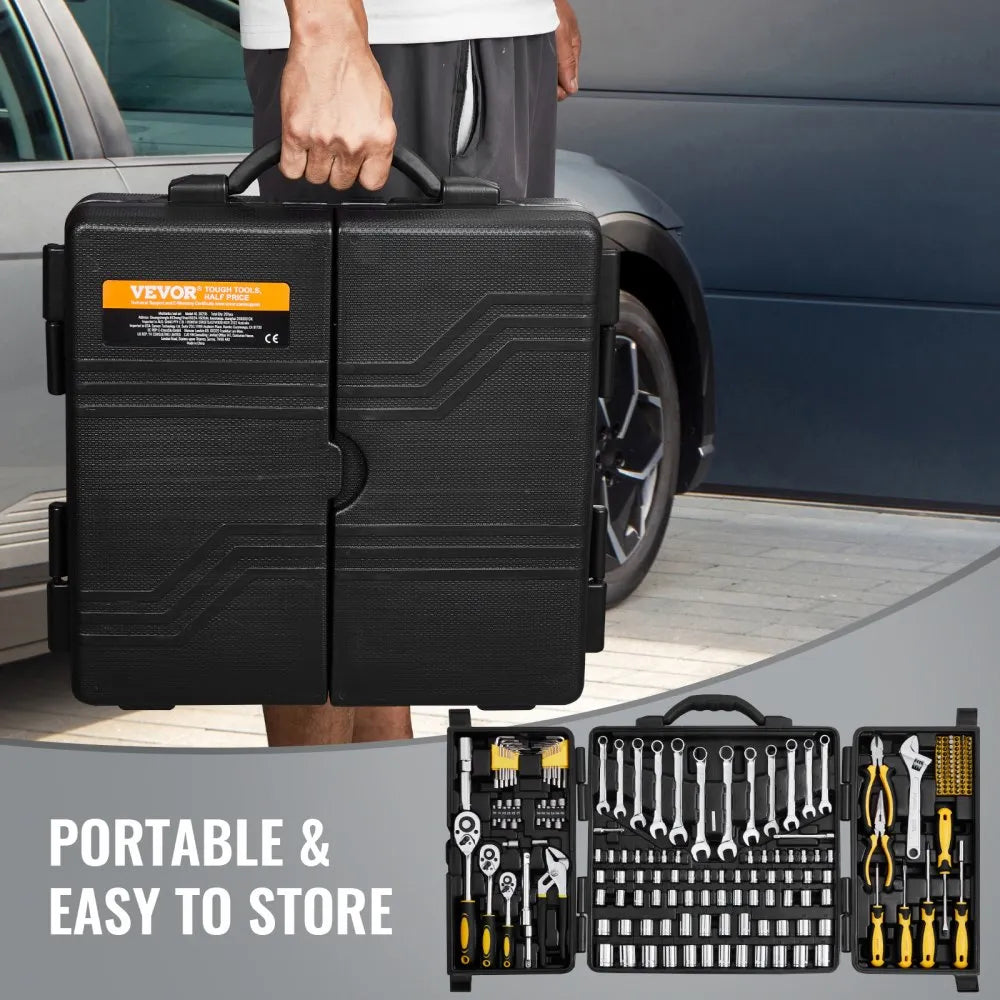 VEVOR 207-Piece Mechanics Tool Set, 1/4" 3/8" 1/2" Drive Sockets, SAE and Metric Mechanic Tool Kit with Bits, Wrenches, Ratchet Handle, Accessories, and Plastic Storage Case, for Automotive Repair