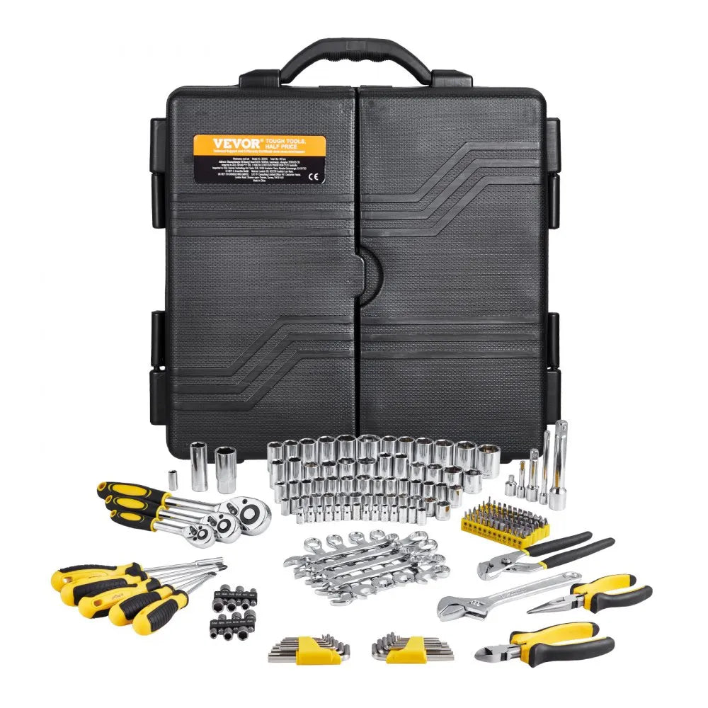 VEVOR 207-Piece Mechanics Tool Set, 1/4" 3/8" 1/2" Drive Sockets, SAE and Metric Mechanic Tool Kit with Bits, Wrenches, Ratchet Handle, Accessories, and Plastic Storage Case, for Automotive Repair
