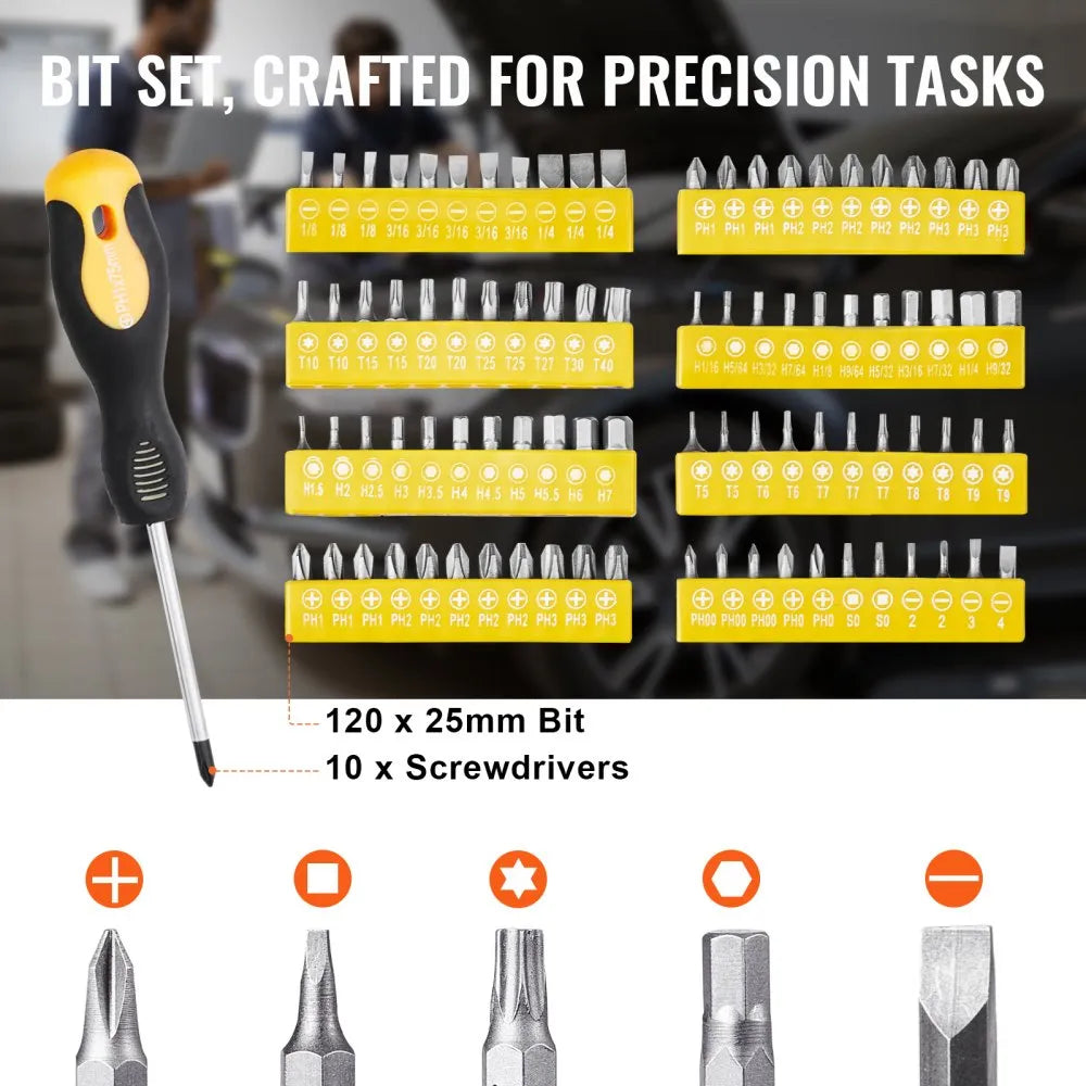 VEVOR 221-Piece Mechanics Tool Set, 1/4" and 3/8" Drive Sockets, SAE and Metric Mechanic Tool Kit with Bits, Wrenches, Ratchet Handle, Accessories, and Plastic Storage Case, for Automotive Repair