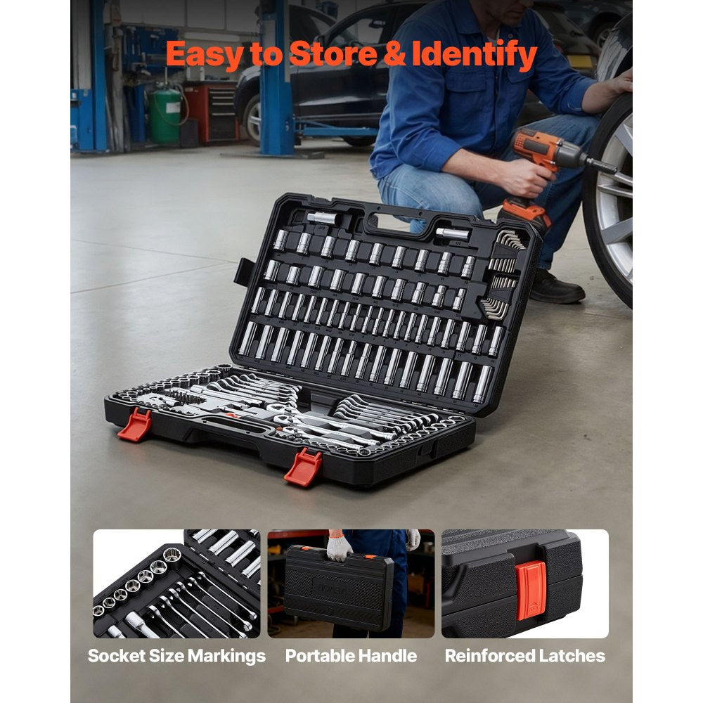 VEVOR Mechanics Tool Set, 159-Piece Mechanic Tool Kit, 1/4 in, 3/8 in, and 1/2 in Drive, SAE and Metric Socket Set, Wrenches, Screwdriver Bits, Accessories, and Storage Case, for Automotive Repair