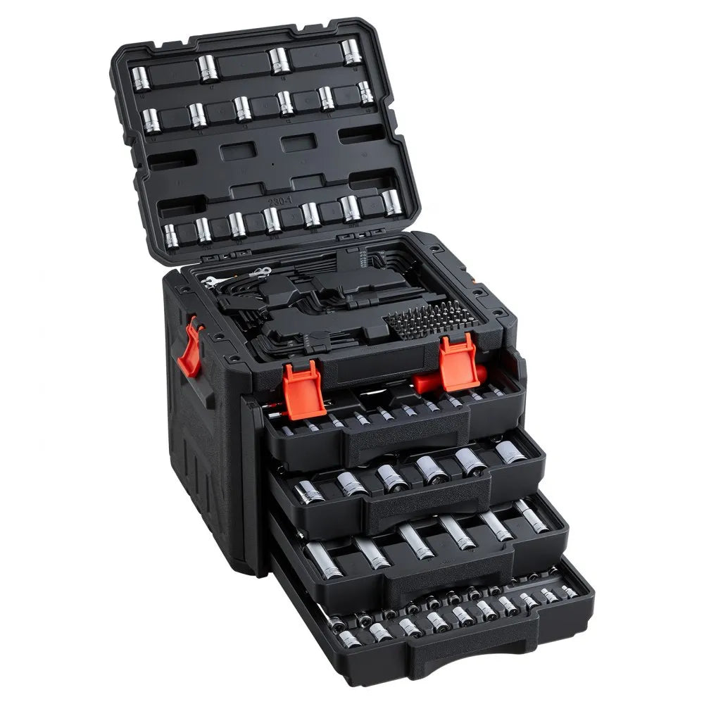 VEVOR Mechanics Tool Set, 230-Piece Mechanic Tool Kit, 1/4 in, 3/8 in, and 1/2 in Drive, SAE and Metric Socket Set, Wrenches, Screwdriver Bits, Accessories, and Storage Case, for Automotive Repair