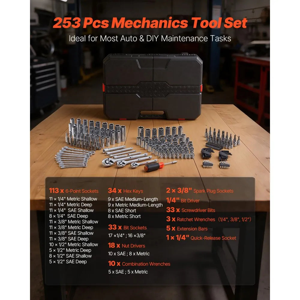 VEVOR Mechanics Tool Set, 253-Piece Mechanic Tool Kit, 1/4 in, 3/8 in, and 1/2 in Drive, SAE and Metric Socket Set, Wrenches, Screwdriver Bits, Accessories, and Storage Case, for Automotive Repair