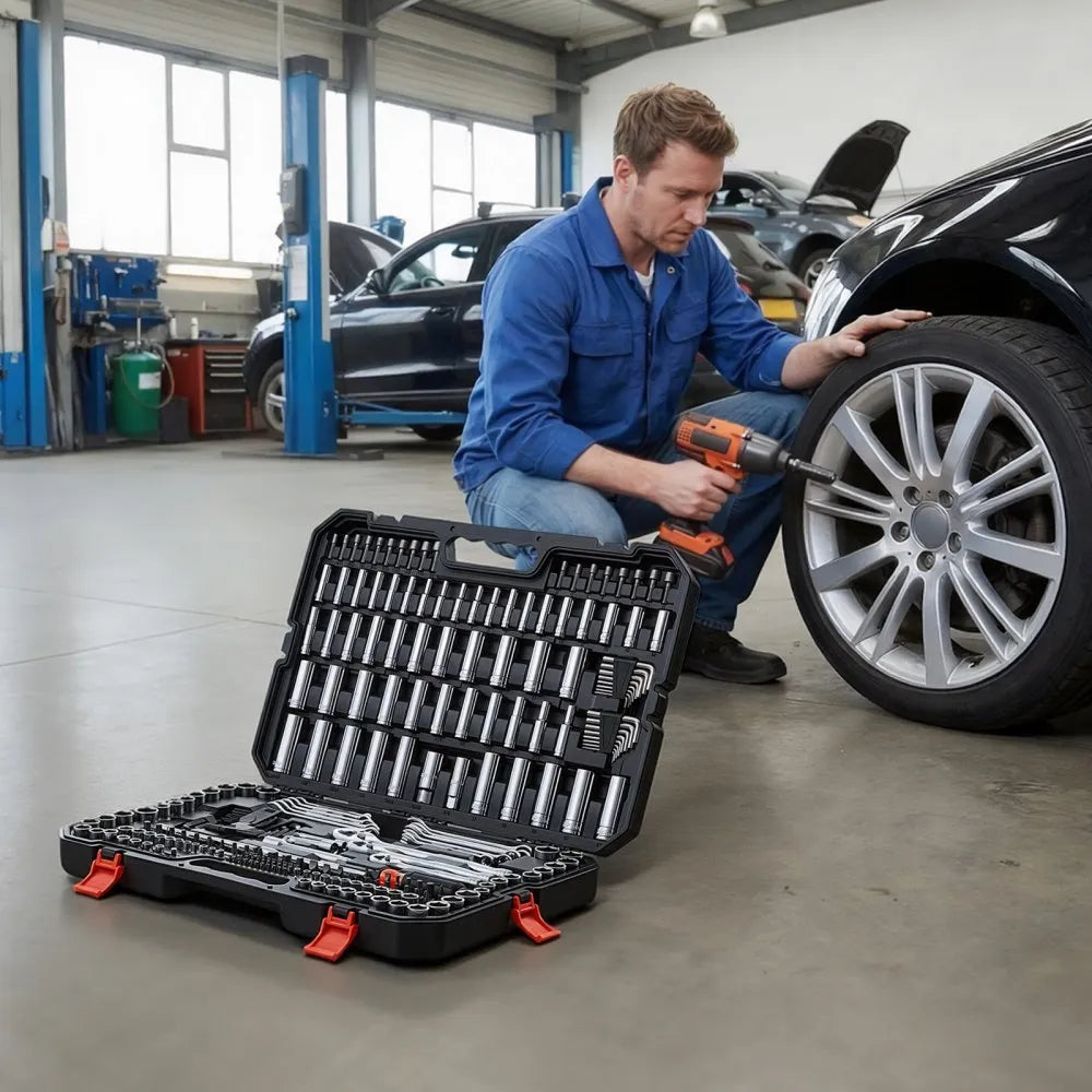 VEVOR Mechanics Tool Set, 253-Piece Mechanic Tool Kit, 1/4 in, 3/8 in, and 1/2 in Drive, SAE and Metric Socket Set, Wrenches, Screwdriver Bits, Accessories, and Storage Case, for Automotive Repair
