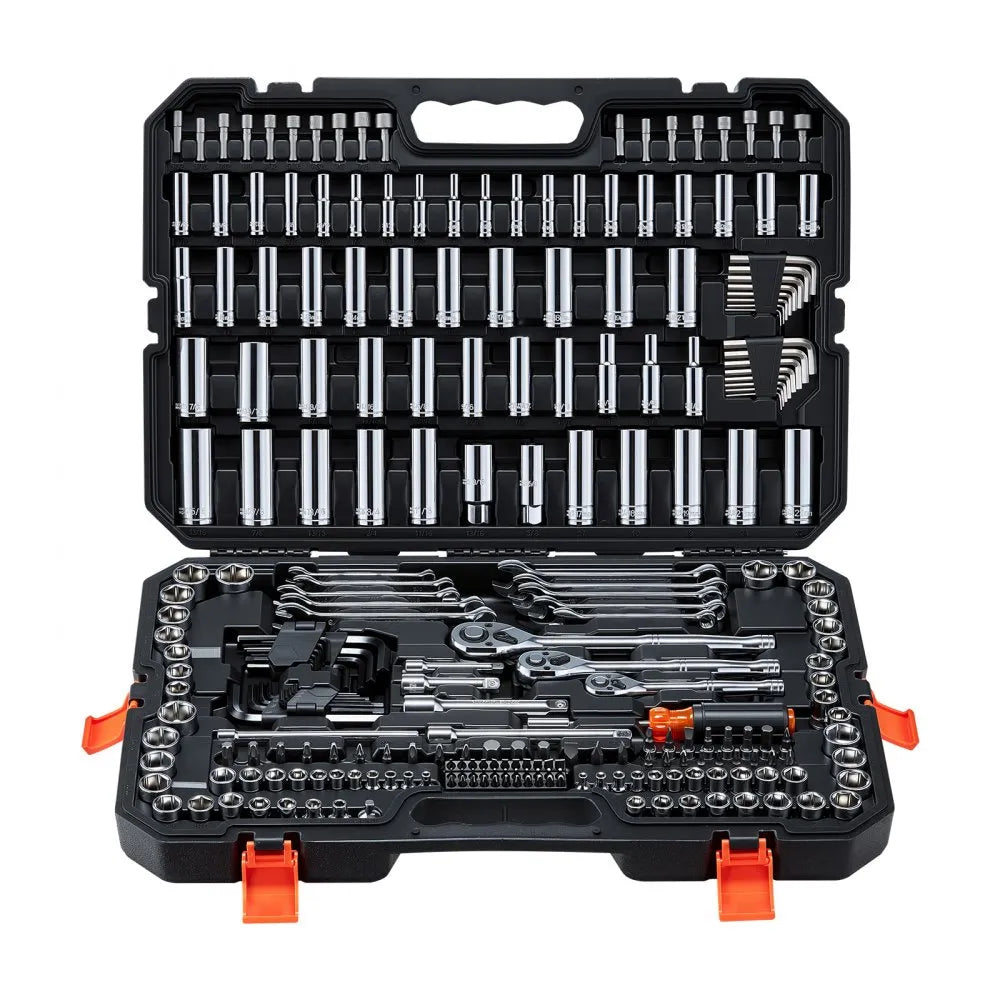 VEVOR Mechanics Tool Set, 253-Piece Mechanic Tool Kit, 1/4 in, 3/8 in, and 1/2 in Drive, SAE and Metric Socket Set, Wrenches, Screwdriver Bits, Accessories, and Storage Case, for Automotive Repair
