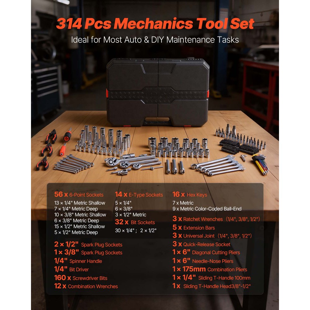 VEVOR Mechanics Tool Set, 314-Piece Mechanic Tool Kit, 1/4 in, 3/8 in, and 1/2 in Drive, Metric Socket Set, Wrenches, Screwdriver Bits, Accessories, and Storage Case, for Automotive and Home Repair