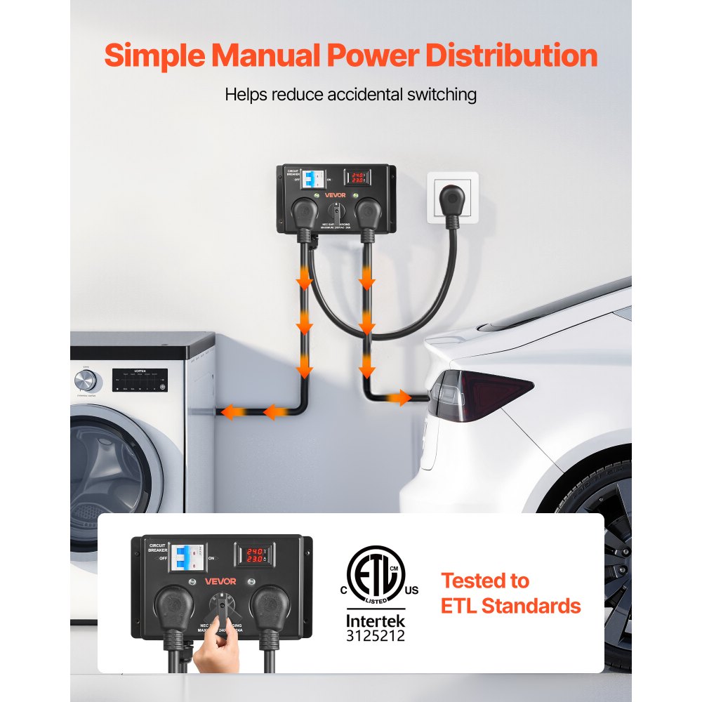 VEVOR Manual EV Charging Switch, NEMA 10-30, Splitter Switch for Dryer & EV, 24A Max 240V Manual Power Distribution with Circuit Breaker, Real-Time Display, Hand-Operated Selector, Plug and Play, ETL