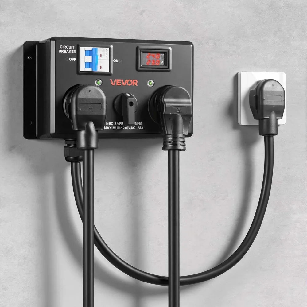VEVOR Manual EV Charging Switch, NEMA 14-30P to 14-30R & 14-50R, Splitter Switch for Dryer & EV, 24A Max 240V Manual Power Distribution with Circuit Breaker, Hand-Operated Selector, Plug and Play, ETL