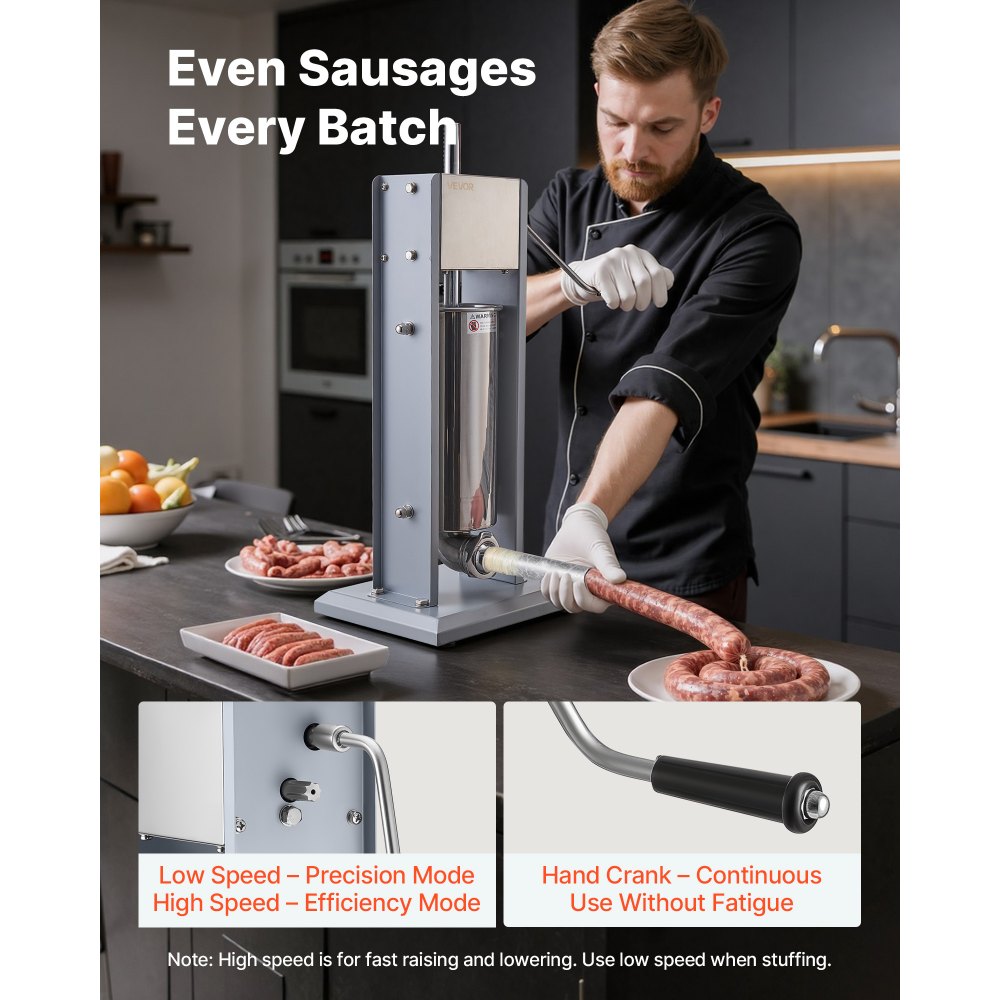 VEVOR Manual Sausage Stuffer, 11 LBS / 5 L Vertical Meat Stuffer, Heavy Duty Sausage Casing Meat Stuffing Machine, Dual-Speed Stainless Steel Filler with 5 Filling Tubes, for Commercial and Home Use