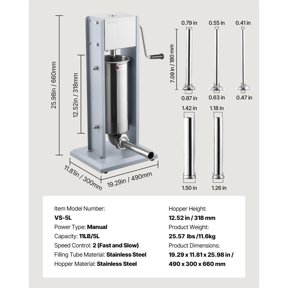 VEVOR Manual Sausage Stuffer, 11 LBS / 5 L Vertical Meat Stuffer, Heavy Duty Sausage Casing Meat Stuffing Machine, Dual-Speed Stainless Steel Filler with 5 Filling Tubes, for Commercial and Home Use