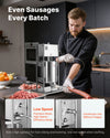 VEVOR manual sausage stuffer in use in kitchen showing dual-speed operation