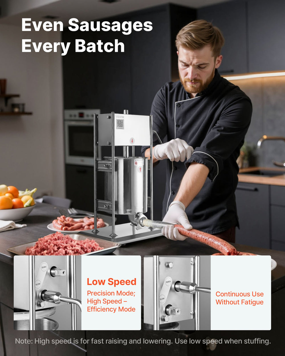VEVOR manual sausage stuffer in use in kitchen showing dual-speed operation