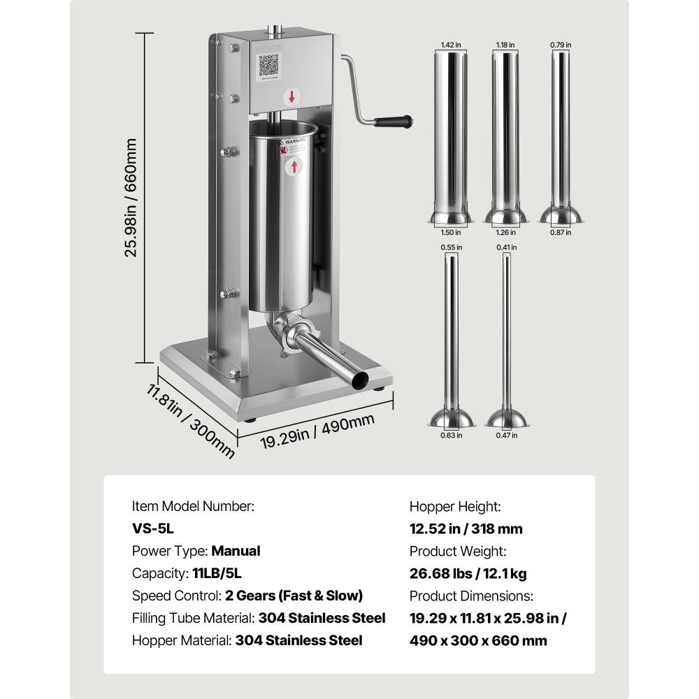 VEVOR Manual Sausage Stuffer, 11 LBS / 5 L Vertical Meat Stuffer, Dual-Speed Sausage Casing Meat Filling Machine, Stainless Steel Heavy Duty Filler with 5 Stuffing Tubes, for Commercial & Home Use