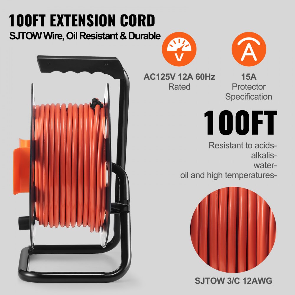 VEVOR Extension Cord Reel, 100FT, with 4 Outlets and Dust Cover, Heavy Duty 12AWG SJTOW Power Cord, Manual Cord Reel with Portable Handle Circuit Breaker, for Toolshed Garage, Tested to UL Standards