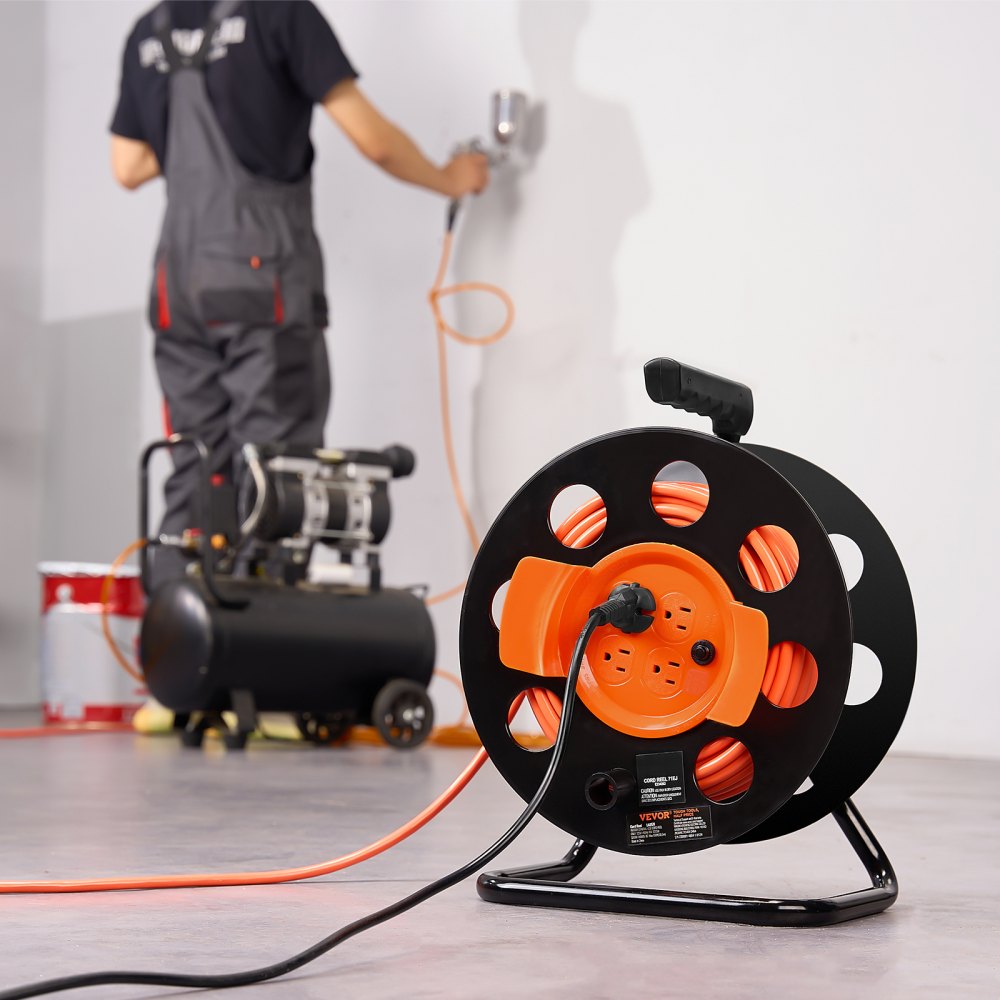 VEVOR Extension Cord Reel, 100FT, with 4 Outlets and Dust Cover, Heavy Duty 12AWG SJTOW Power Cord, Manual Cord Reel with Portable Handle Circuit Breaker, for Toolshed Garage, Tested to UL Standards