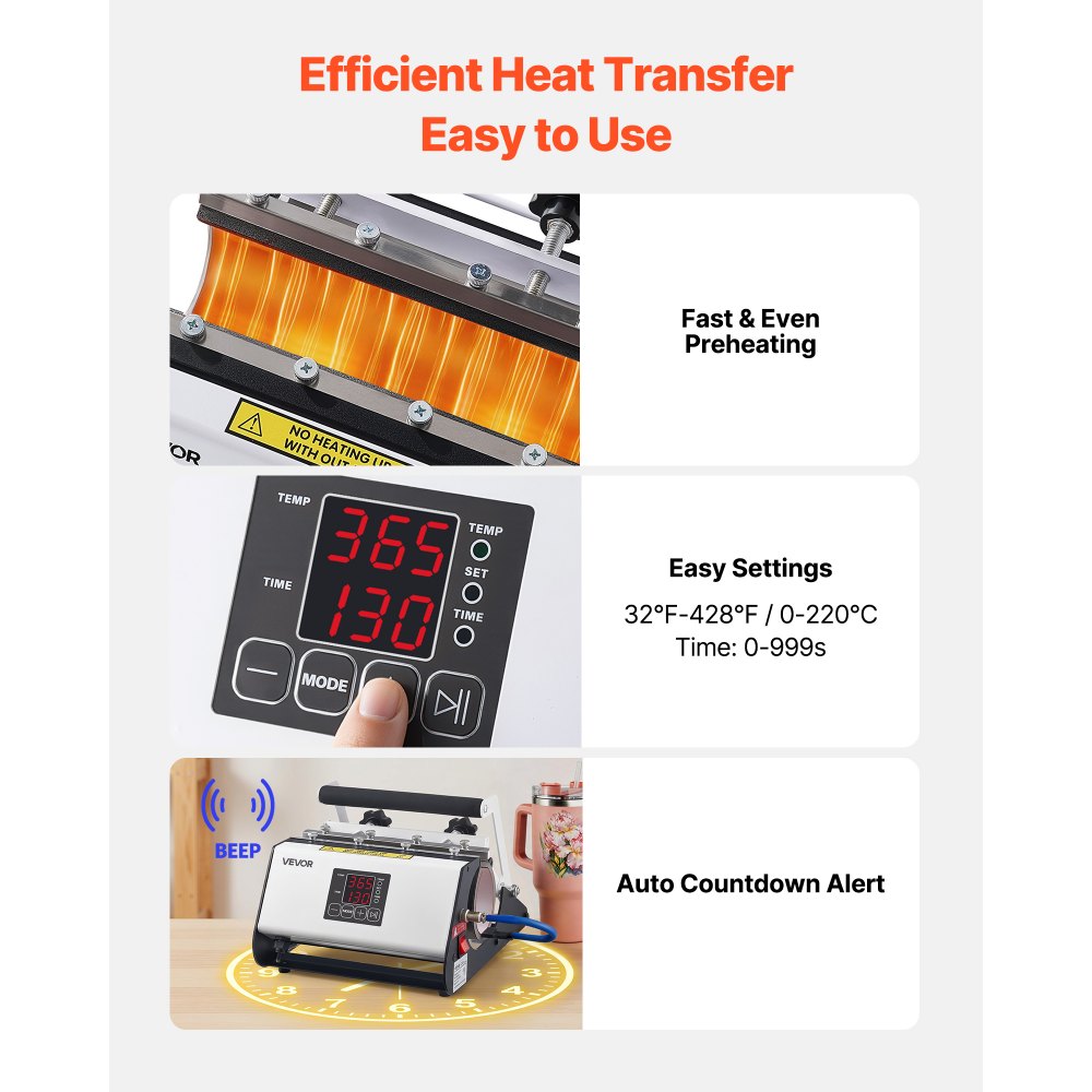 VEVOR Tumbler Heat Press Machine, 30 oz and 40 oz Mug Press, Fast and Even Heating, with Tape, Gloves, Easy Temp and Time Setting, Heat Transfer for Sublimation Tumblers, Cups, Mugs, Black and White