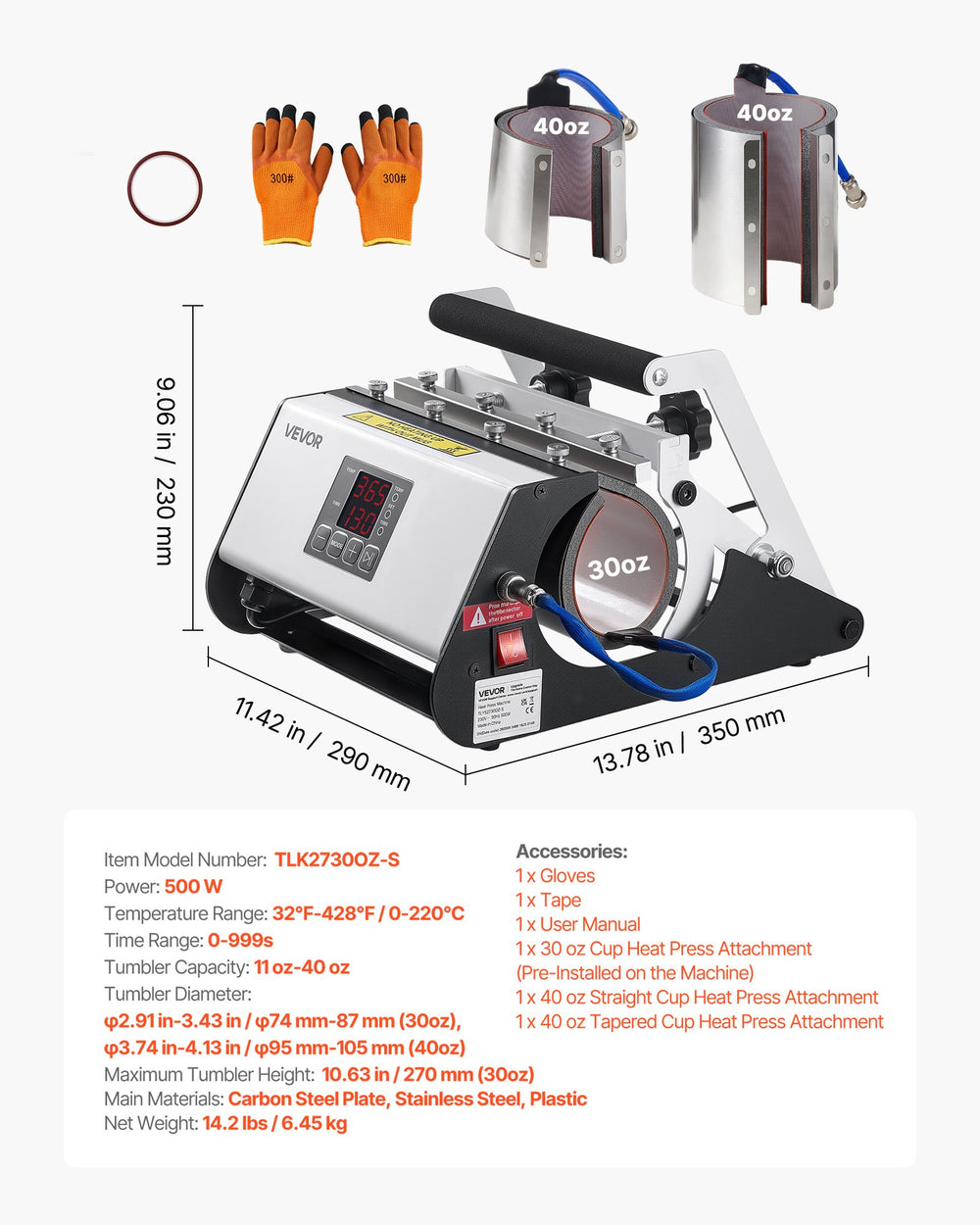 VEVOR Tumbler Heat Press Machine, 30 oz and 40 oz Mug Press, Fast and Even Heating, with Tape, Gloves, Easy Temp and Time Setting, Heat Transfer for Sublimation Tumblers, Cups, Mugs, Black and White