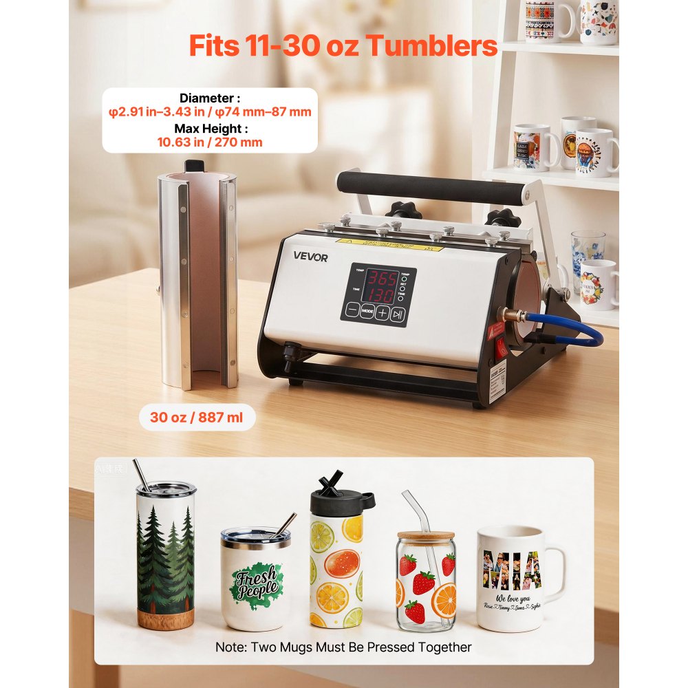 VEVOR Tumbler Heat Press Machine, 11-30 oz Mug Press, Fast and Even Heating, with Tape and Gloves, Easy Temp and Time Setting, Heat Transfer for Sublimation Tumblers, Cups, Mugs, Black and White