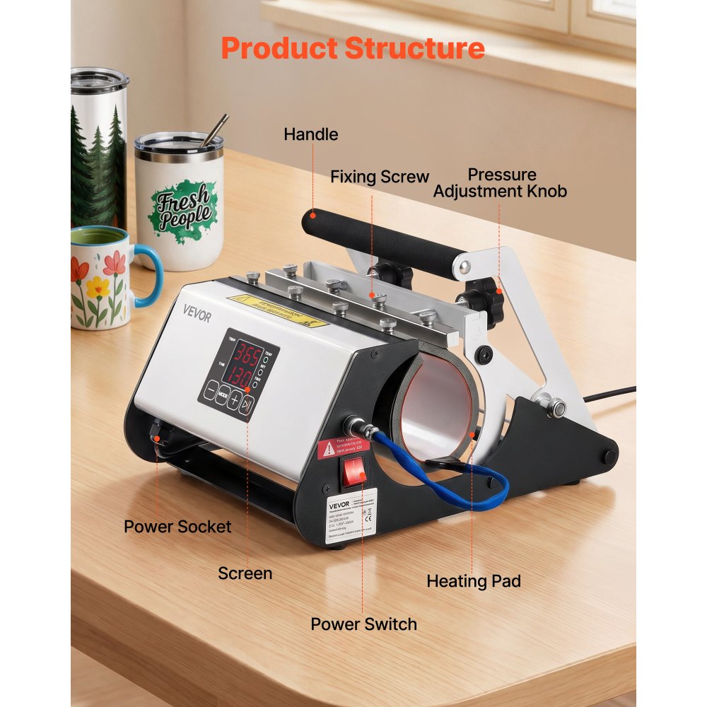VEVOR Tumbler Heat Press Machine, 11-30 oz Mug Press, Fast and Even Heating, with Tape and Gloves, Easy Temp and Time Setting, Heat Transfer for Sublimation Tumblers, Cups, Mugs, Black and White