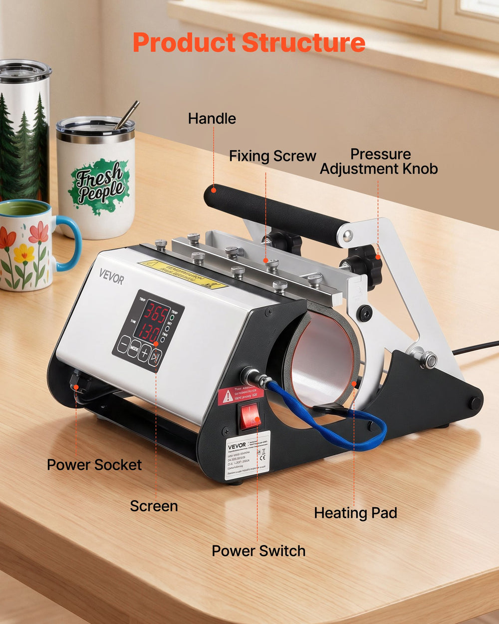 VEVOR Tumbler Heat Press Machine, 11-30 oz Mug Press, Fast and Even Heating, with Tape and Gloves, Easy Temp and Time Setting, Heat Transfer for Sublimation Tumblers, Cups, Mugs, Black and White