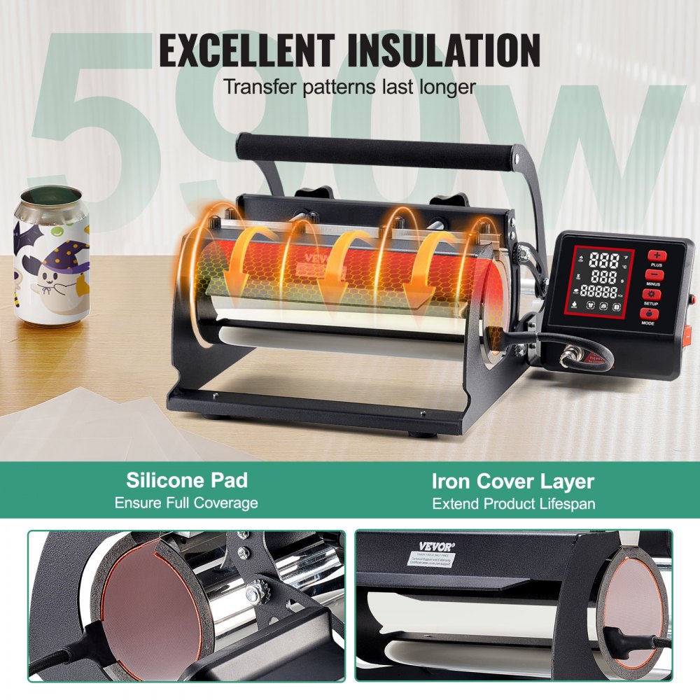 VEVOR Tumbler Heat Press Machine, 11-30oz Mug Press, Heat Up Fast and Even, Tumbler Press with Sublimation Paper, Tape and Gloves, Temp and Time Setting, for Sublimation Tumblers, Cups, Mugs, Black