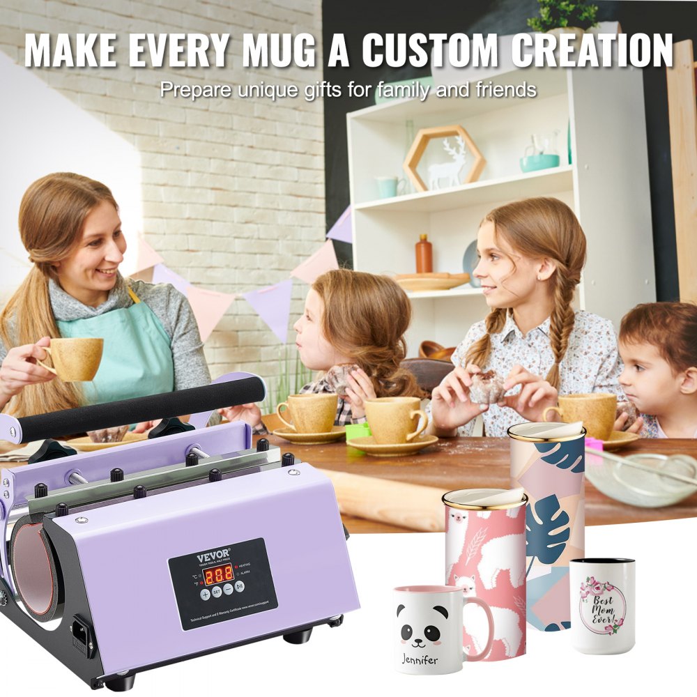 VEVOR Tumbler Heat Press Machine, 11-30oz Mug Press, Heat Up Fast and Even, Tumbler Press with Sublimation Paper, Tape and Gloves, Temp and Time Setting, for Sublimation Tumblers, Cups, Mugs, Purple