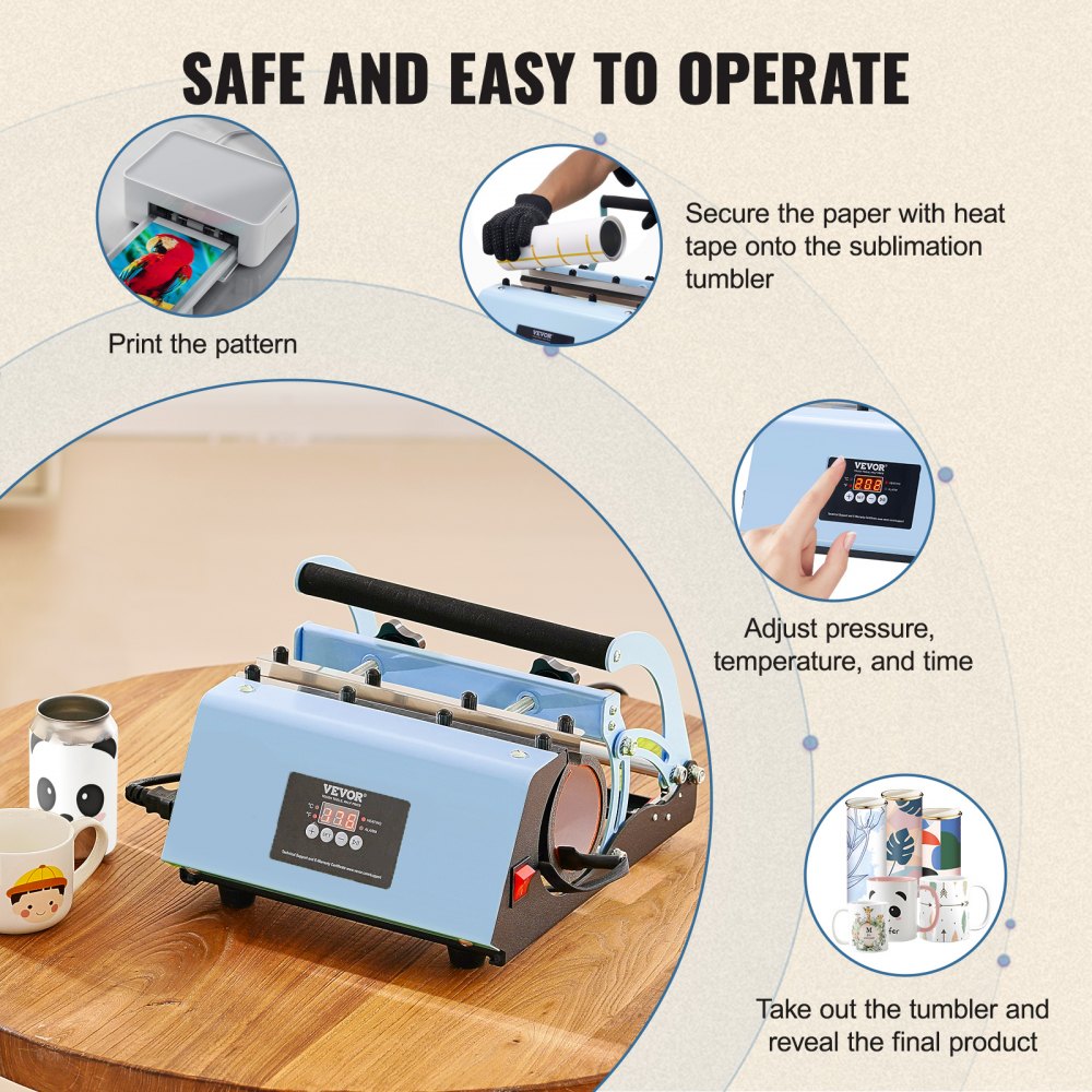 VEVOR Tumbler Heat Press Machine, 11-30oz Mug Press, Heat Up Fast and Even, Tumbler Press with Sublimation Paper, Tape and Gloves, Temp and Time Setting, for Sublimation Tumblers, Cups, Mugs, Blue