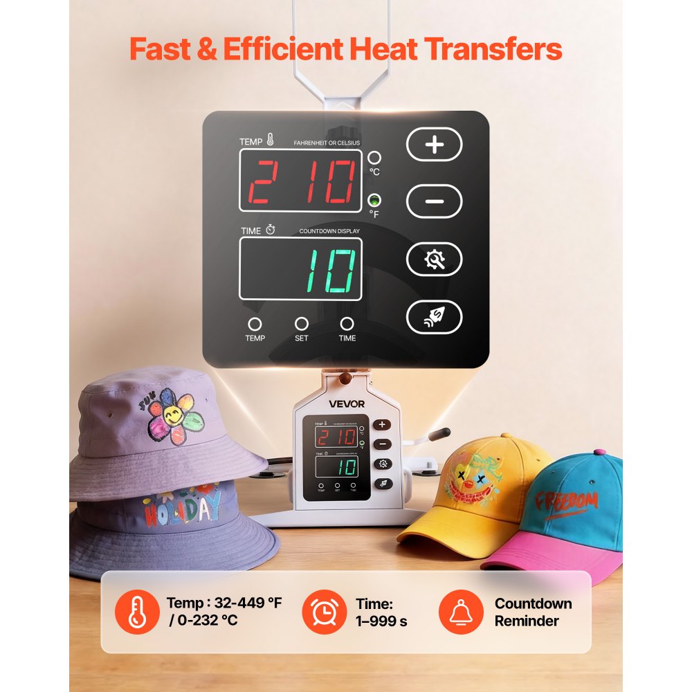 VEVOR Hat Heat Press Machine, 8.5 x 4 in Large Heating Plate, with Caps Stretcher, Precise Temperature & Time Control, Heat Press for Hats and Caps, for HTV Iron On and Sublimation Projects, White