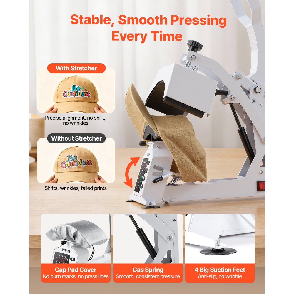 VEVOR Hat Heat Press Machine, 8.5 x 4 in Large Heating Plate, with Caps Stretcher, Precise Temperature & Time Control, Heat Press for Hats and Caps, for HTV Iron On and Sublimation Projects, White