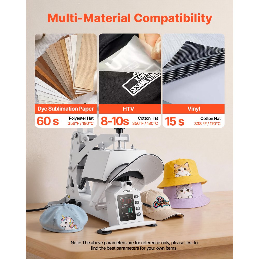 VEVOR Hat Heat Press Machine, 8.5 x 4 in Large Heating Plate, with Caps Stretcher, Precise Temperature & Time Control, Heat Press for Hats and Caps, for HTV Iron On and Sublimation Projects, White