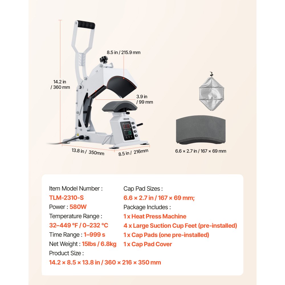 VEVOR Hat Heat Press Machine, 8.5 x 4 in Large Heating Plate, with Caps Stretcher, Precise Temperature & Time Control, Heat Press for Hats and Caps, for HTV Iron On and Sublimation Projects, White