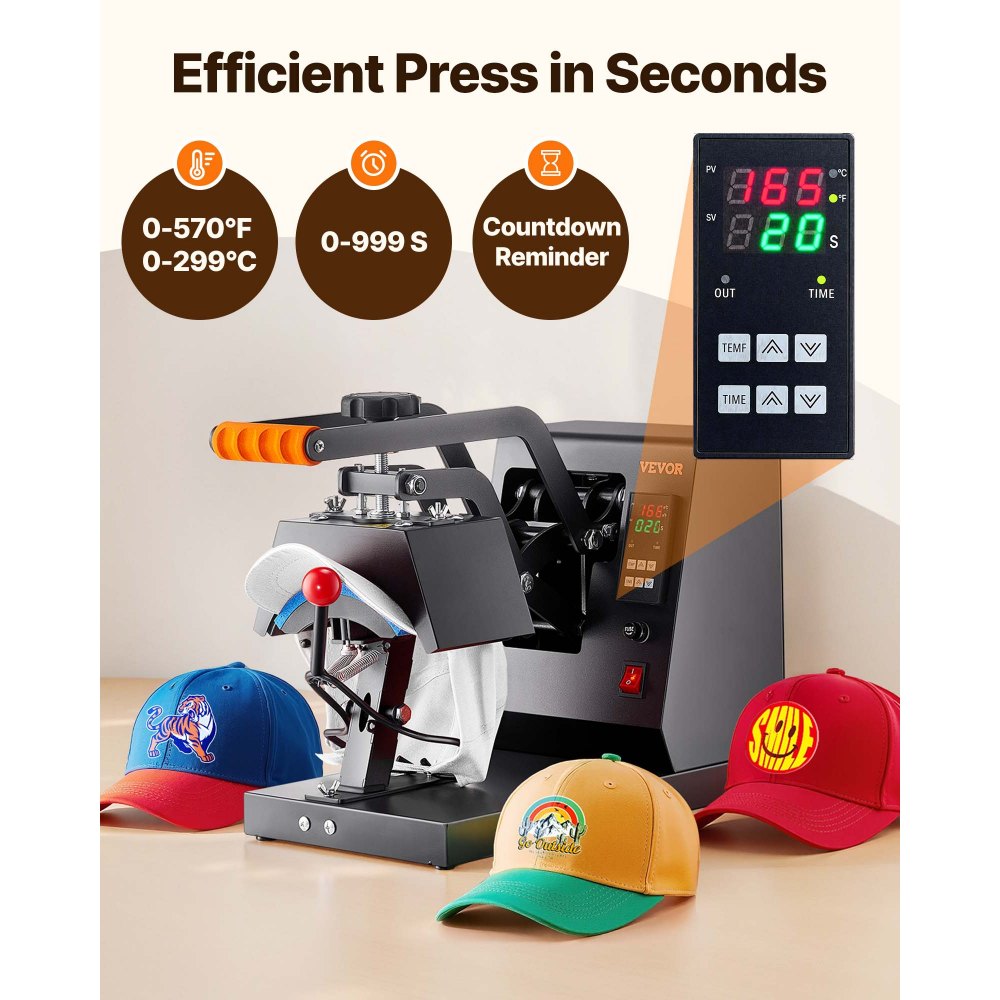 VEVOR Hat Heat Press, 4-in-1 Cap Heat Press Machine, 6 x 3in Clamshell Sublimation Transfer, LCD Digital Timer Temperature Control with 4pcs Curved Heating Elements (6x3/6.7x2.7/6.7x2.7/8.1x3.5)
