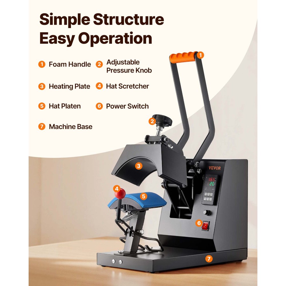 VEVOR Hat Heat Press, 4-in-1 Cap Heat Press Machine, 6 x 3in Clamshell Sublimation Transfer, LCD Digital Timer Temperature Control with 4pcs Curved Heating Elements (6x3/6.7x2.7/6.7x2.7/8.1x3.5)
