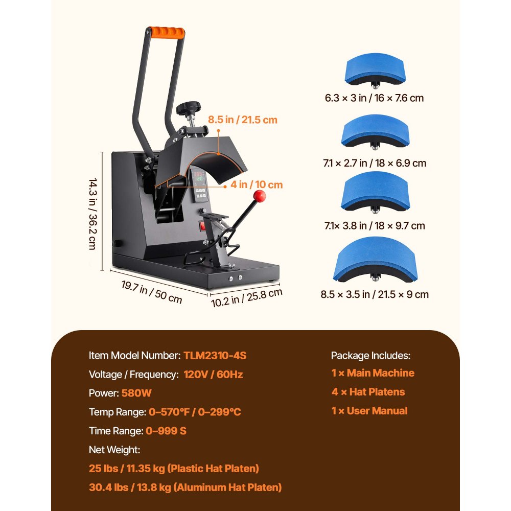 VEVOR Hat Heat Press, 4-in-1 Cap Heat Press Machine, 6 x 3in Clamshell Sublimation Transfer, LCD Digital Timer Temperature Control with 4pcs Curved Heating Elements (6x3/6.7x2.7/6.7x2.7/8.1x3.5)