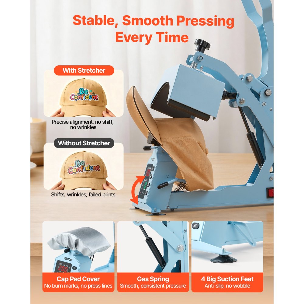 VEVOR Hat Heat Press Machine, with 2 Interchangeable Platens and Caps Stretcher, Precise Temperature & Time Control, Heat Press for Hats and Caps, for HTV Iron On and Sublimation Projects, Light Blue