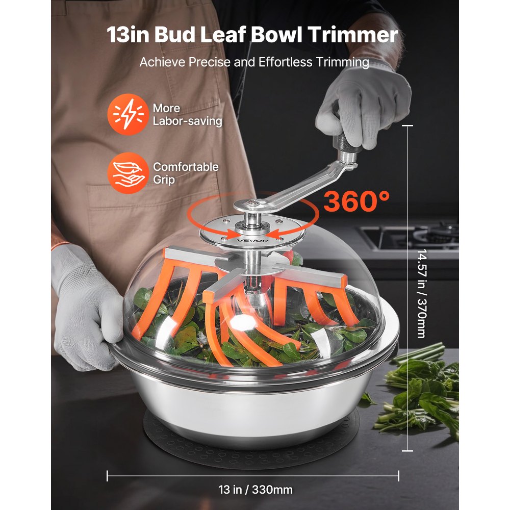 VEVOR Bud Leaf Bowl Trimmer, 13 in Manual Bud Trimmer, with Sharp Stainless Steel Blades, Visual Cutting, Wet & Dry Hydroponic Cutting Machine, Twisted Spin Cut for Plants Leaves Buds Flowers