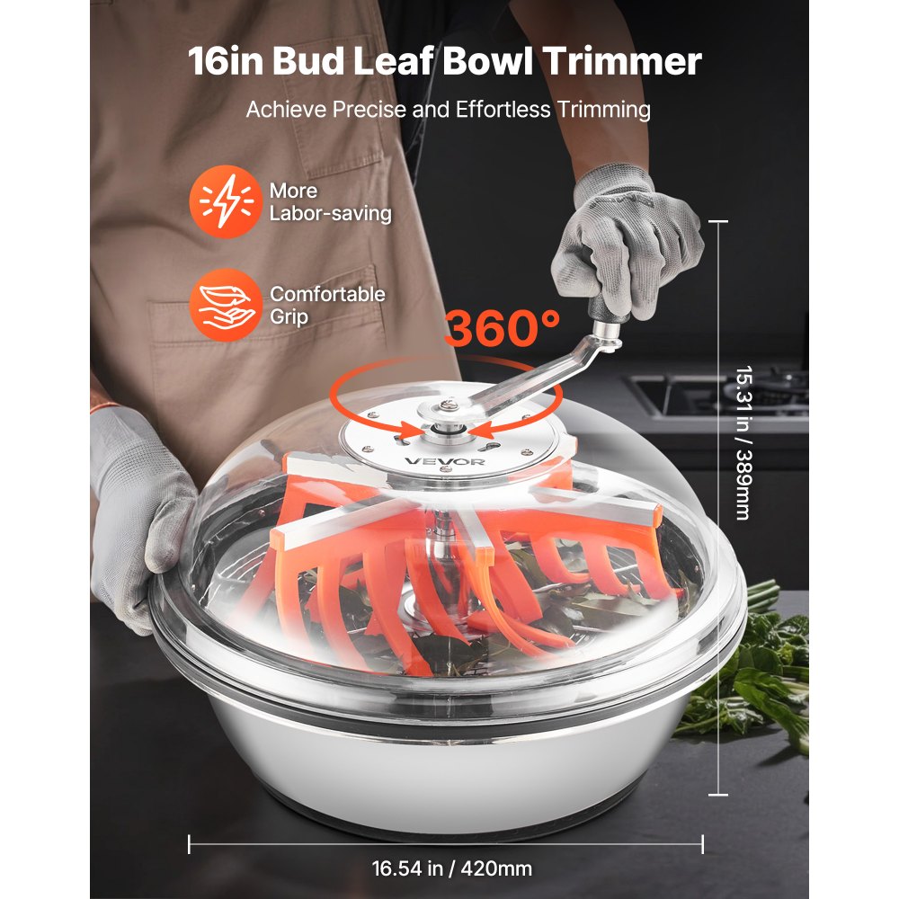 VEVOR Bud Leaf Bowl Trimmer, 16 in Manual Bud Trimmer, with Sharp Stainless Steel Blades, Visual Cutting, Wet & Dry Hydroponic Cutting Machine, Twisted Spin Cut for Plants Leaves Buds Flowers