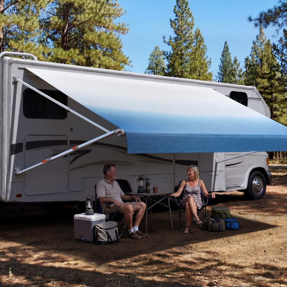 VEVOR Manual RV Awning Complete Kit, 17.12FT Retractable RV Awning with Aluminum Alloy Frame & Waterproof PVC Fabric, Outdoor Camping Trailer Awnings Fit Most RVs (17FT Type, Gradient Blue)