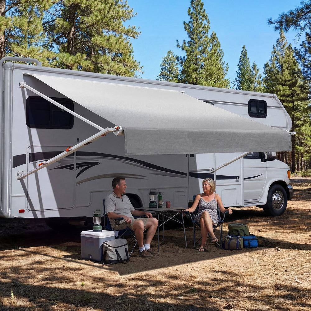 VEVOR Manual RV Awning Complete Kit, 10.12FT Retractable RV Awning with Aluminum Alloy Frame & Waterproof PVC Fabric, Outdoor Camping Trailer Awnings Fit Most RVs (10FT Type, Gradient Gray)