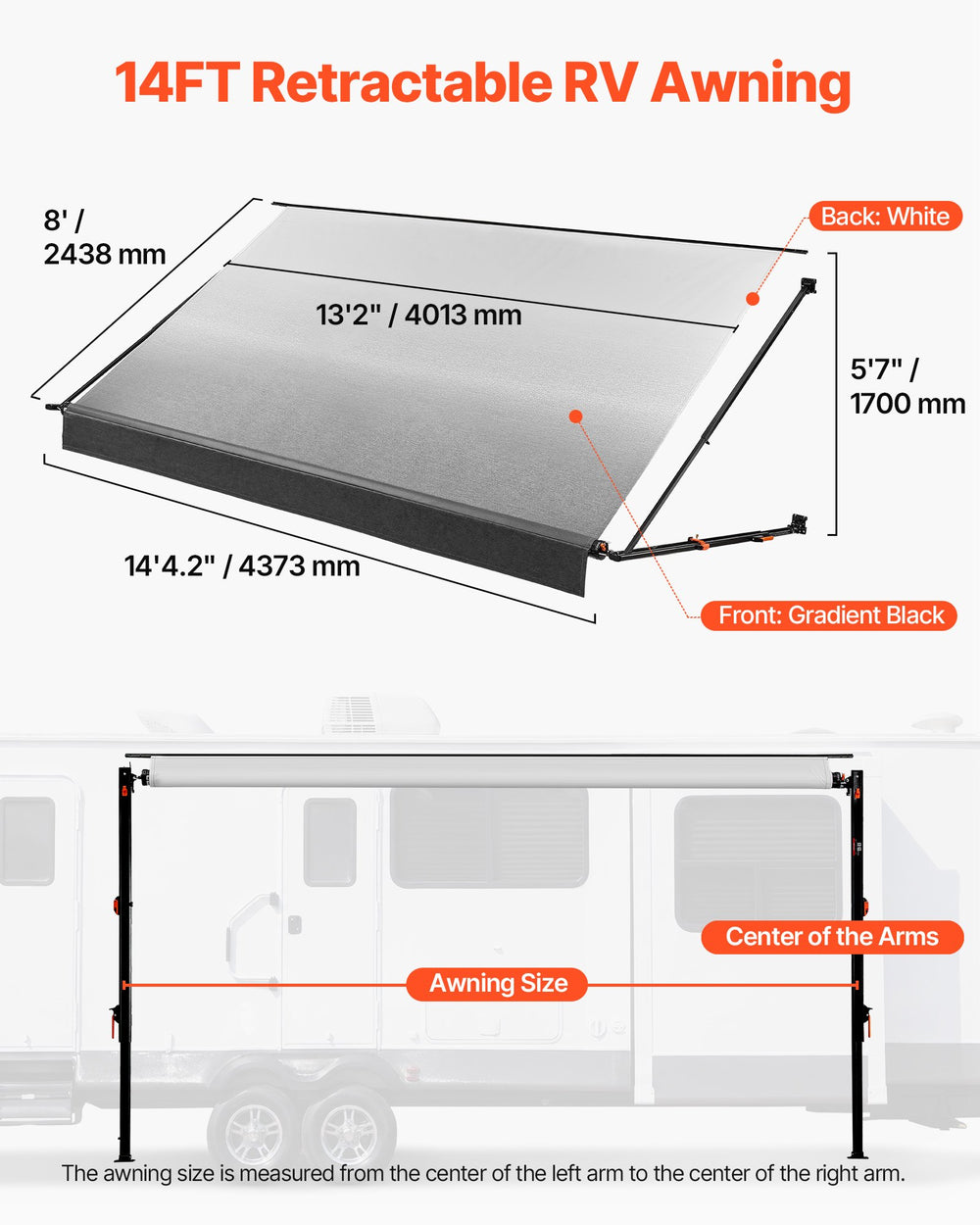 VEVOR Manual RV Awning Complete Kit, 14.12FT Retractable RV Awning with Aluminum Alloy Frame & Waterproof PVC Fabric, Outdoor Camping Trailer Awnings Fit Most RVs (14FT Type, Gradient Black)