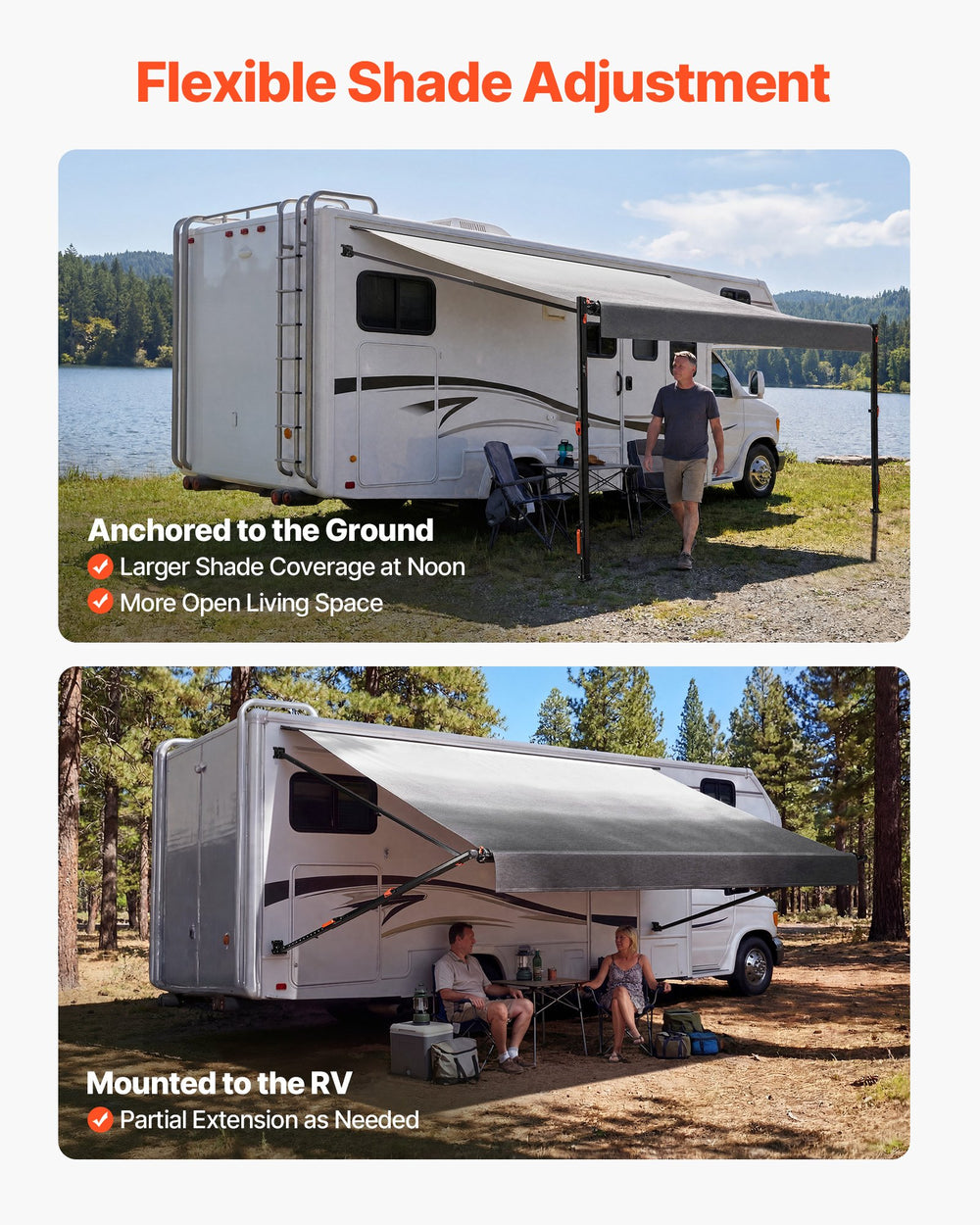 VEVOR Manual RV Awning Complete Kit, 14.12FT Retractable RV Awning with Aluminum Alloy Frame & Waterproof PVC Fabric, Outdoor Camping Trailer Awnings Fit Most RVs (14FT Type, Gradient Black)