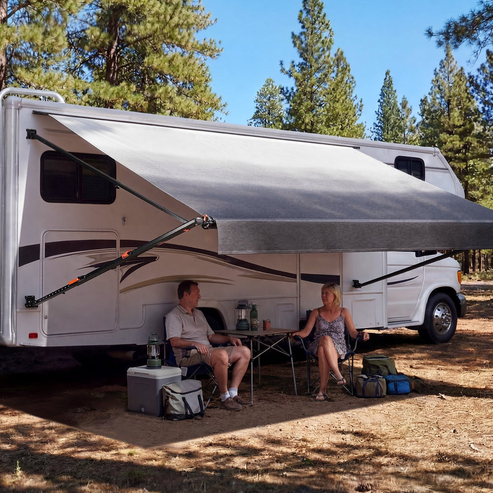VEVOR Manual RV Awning Complete Kit, 14.12FT Retractable RV Awning with Aluminum Alloy Frame & Waterproof PVC Fabric, Outdoor Camping Trailer Awnings Fit Most RVs (14FT Type, Gradient Black)