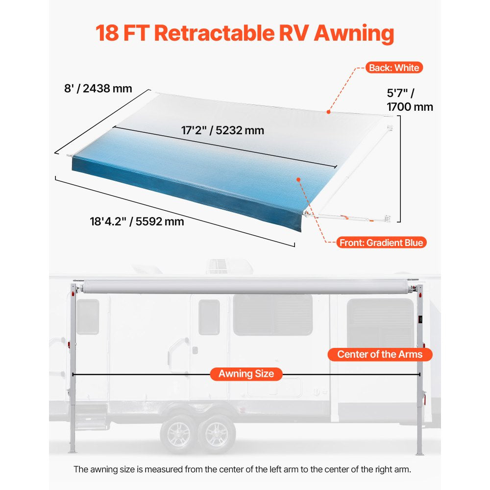 VEVOR Manual RV Awning Complete Kit, 18.12FT Retractable RV Awning with Aluminum Alloy Frame & Waterproof PVC Fabric, Outdoor Camping Trailer Awnings Fit Most RVs (18FT Type, Gradient Blue)