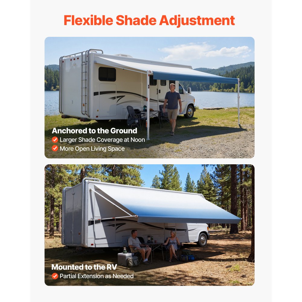 VEVOR Manual RV Awning Complete Kit, 18.12FT Retractable RV Awning with Aluminum Alloy Frame & Waterproof PVC Fabric, Outdoor Camping Trailer Awnings Fit Most RVs (18FT Type, Gradient Blue)