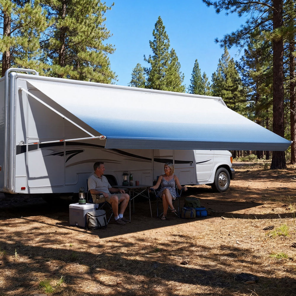 VEVOR Manual RV Awning Complete Kit, 18.12FT Retractable RV Awning with Aluminum Alloy Frame & Waterproof PVC Fabric, Outdoor Camping Trailer Awnings Fit Most RVs (18FT Type, Gradient Blue)