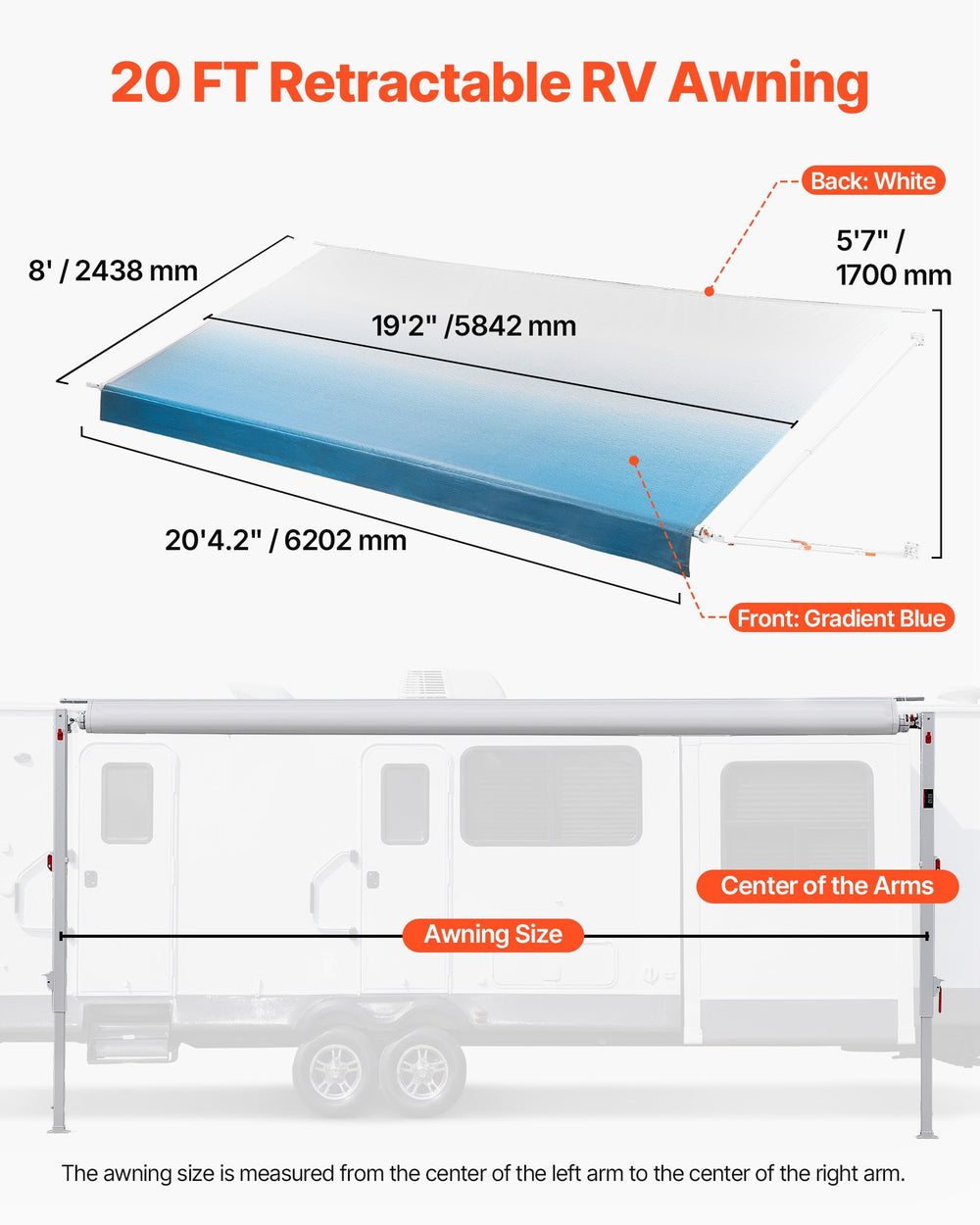 VEVOR Manual RV Awning Complete Kit, 20.12FT Retractable RV Awning with Aluminum Alloy Frame & Waterproof PVC Fabric, Outdoor Camping Trailer Awnings Fit Most RVs (20FT Type, Gradient Blue)